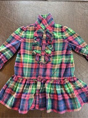 Ralph Lauren Polo Girls Plaid Ruffle Button-Front Dress Shirt Sz 12M